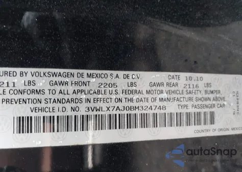 2011 Volkswagen Jetta 2.5L Sel from USA, damaged, VIN 3VWLX7AJ0BM324748